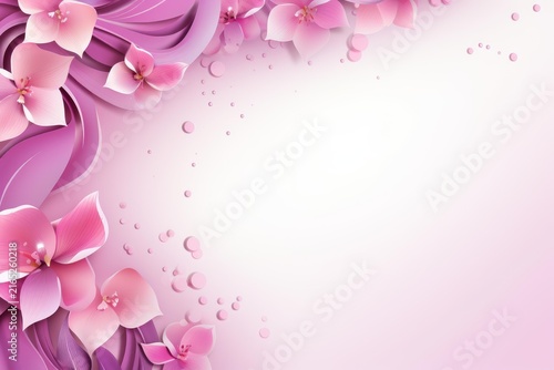 Pink flowers with leaves and abstract shapes creating a soft ornamental border on a gradient background