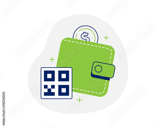 Vector illustration of a digital wallet with money and a QR code. Concept for mobile payments, cashless transactions, and fintech services. Isolated on a white background.