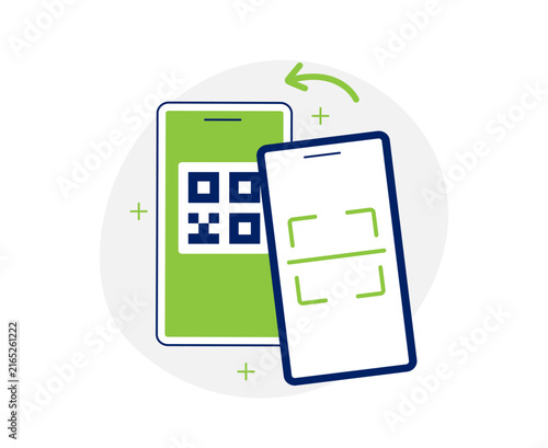 Vector illustration of scanning a QR code between two smartphones. Concept for P2P money transfers, contact sharing, and mobile payments. Isolated on a white background.