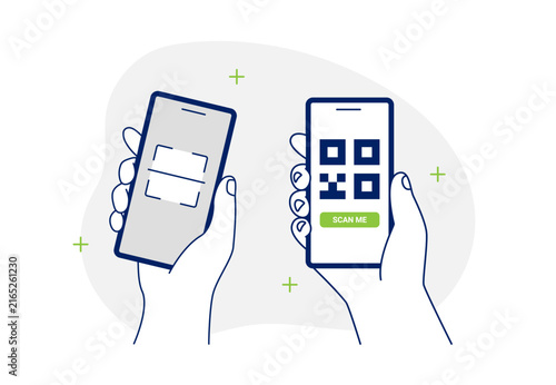 Vector illustration of scanning a QR code between two smartphones. Ideal for peer-to-peer data sharing, contact transfer, and mobile payment. Modern line art concept for fintech apps.