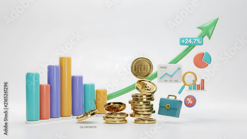 3D render of a rising growth chart with gold coins and business icons