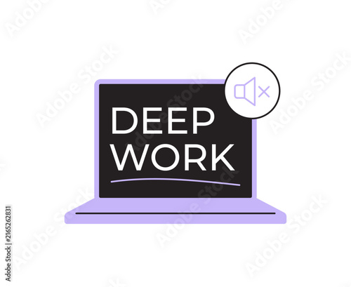 Vector illustration of a laptop screen displaying Deep Work with a muted sound icon. Represents focused study, no distractions, and high productivity. Modern line art icon.