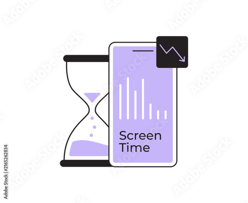 Vector illustration of a smartphone with a screen time graph next to an hourglass. Concept for phone usage tracking, limit management, and digital detox. Modern line art icon.