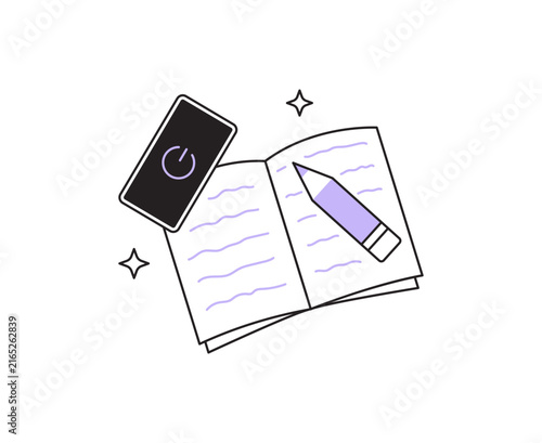 Vector illustration of an open notebook with a pencil and a turned-off smartphone. Concept for digital detox, paper journaling, writing, and spending time offline. Modern line art icon.