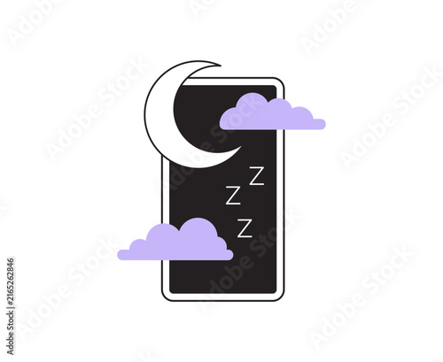 Vector illustration of a smartphone in sleep mode with a moon and clouds. Represents Do Not Disturb settings, healthy sleep, night mode, and digital well-being. Modern line art icon.