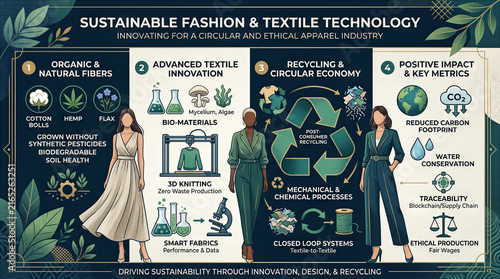 Infographic illustrating sustainable fashion and textile technology with four sections featuring women in outfits. Sustainable fashion, circular economy, ethical production, eco materials.