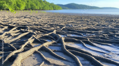 Coastal mangrove ecosystem featuring tangled roots, shallow tidal water, young mangrove plants, mudflats, natural channels, conservation markers, and undisturbed shoreline habitat