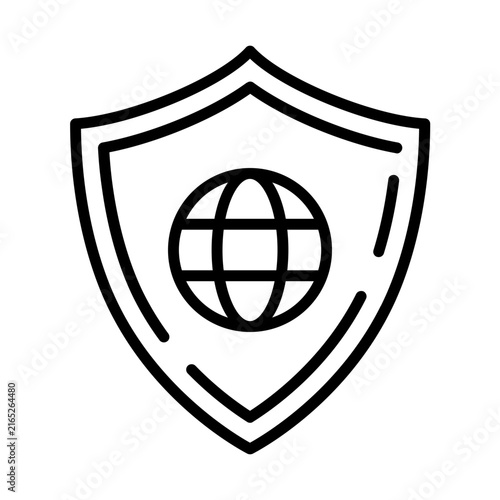 Global security shield protection line icon, worldwide data privacy and cyber defense flat design infographic pictogram vector for app logo ads web ui interface elements isolated on white background
