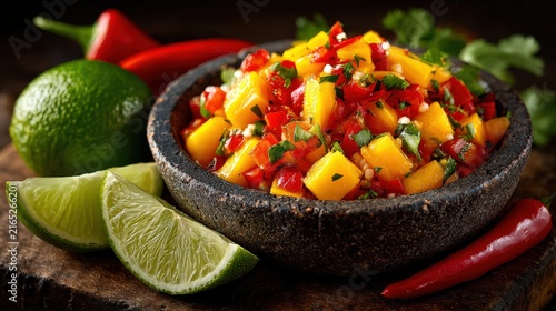 Fresh Mango Salsa with Lime, Chili and Cilantro in Rustic Stone Bowl