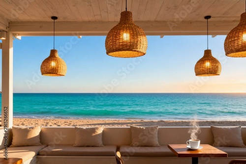 Beachside Cafe with Woven Lanterns and Coffee