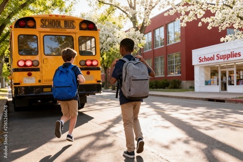 Children Walking to School Bus on a Sunny Day
