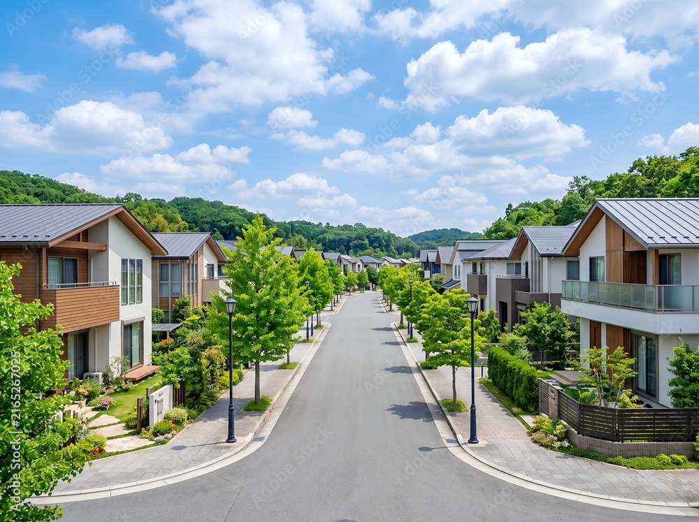 Obraz premium 青空と新緑が美しい新興住宅地における新しい暮らしの街並み