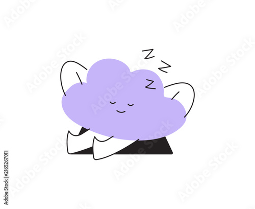 Vector illustration of a cloud character sleeping peacefully. Concept for healthy sleep, rest, overcoming insomnia, digital detox, and nighttime relaxation. Modern line art icon.