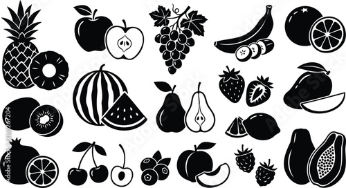 Set of fresh tropical and garden fruit icons