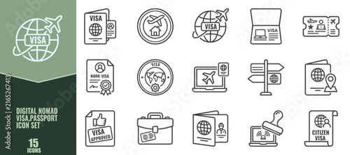 Digital nomad visa and passport icon set, thin line style, travel and remote work symbols for global mobility and international business