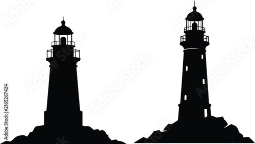 Black silhouette icons of two lighthouses on rocks