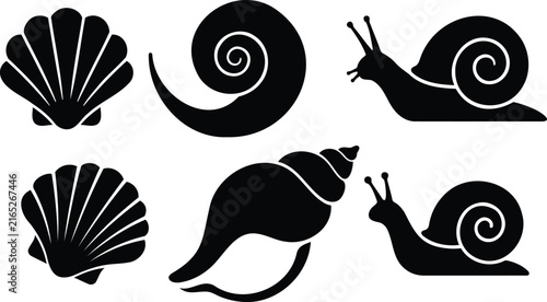Set of black silhouette snail and sea shell icons