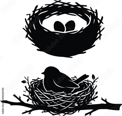 Black silhouette icons of bird nests with eggs and bird