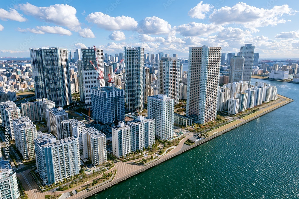 Fototapeta premium 晴天の東京湾岸にそびえ立つ高層ビルと海の風景
