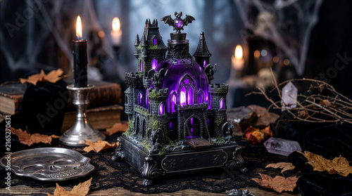 Gothic Haunted Castle Perfume Bottle with Radiant Purple Liquid, Luxury Halloween Fragrance Concept