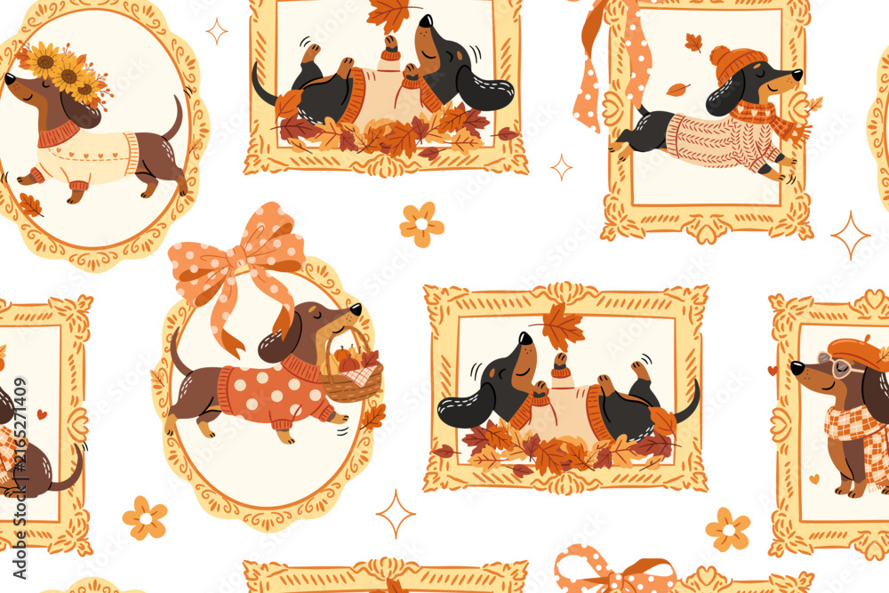 Fototapeta premium Cute autumn dachshund picture frames seamless pattern with cozy fall dogs pumpkins leaves bows and vintage decorative border background for fabric wrapping paper textile and wallpaper