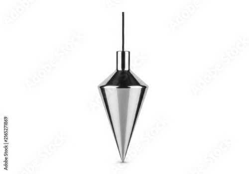 Shiny steel plumb bob tool suspended against a white background