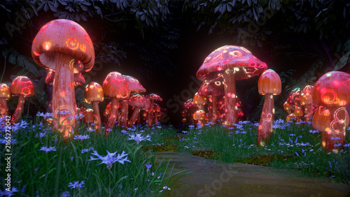 Foto Glowing red and blue mushrooms illuminate a magical garden beneath a dark night