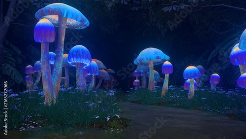 Foto Tall luminous blue mushrooms rise from an enchanted nighttime forest, creating a