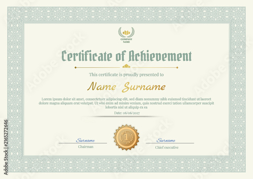 Horizontal Certificate Template with Elegant Guilloche Pattern and Gold Seal