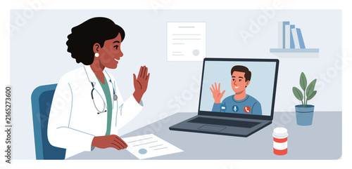 Doctor providing telemedicine consultation through video call. flat vector illustration