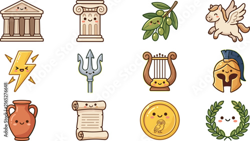 Obraz na plátně Ancient Greece mythology temple column laurel dove lightning trident lyre helmet
