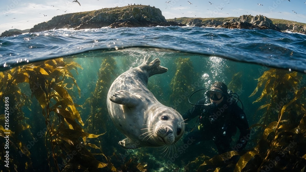 Fototapeta premium Diver Swimming with Seal in Kelp Forest