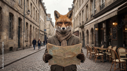 Fox reading in city street, creative anthropomorphic lifestyle scene exploring animal behavior, responsible care, companionship, wellbeing, humane values, education, modern lifestyle