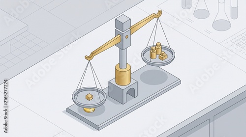 Isometric Illustration of an Unbalanced Scale with Weights