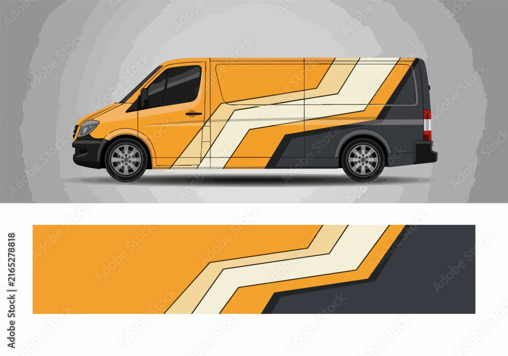 Naklejka premium Orange van with geometric pattern wrap design illustration