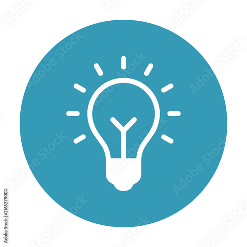 White light bulb icon with radiating lines on a blue circle background