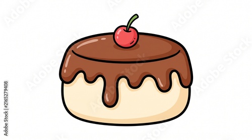 Cute Chocolate Cake Dessert with Cherry Illustration on White Background
