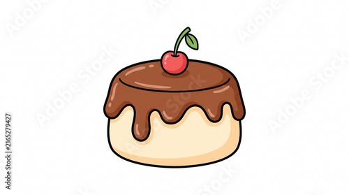 Cute cartoon pudding with chocolate glaze and cherry illustration