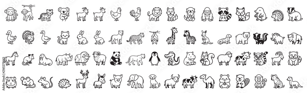 Naklejka premium Large set of cute wild and farm animals line icons vector illustration