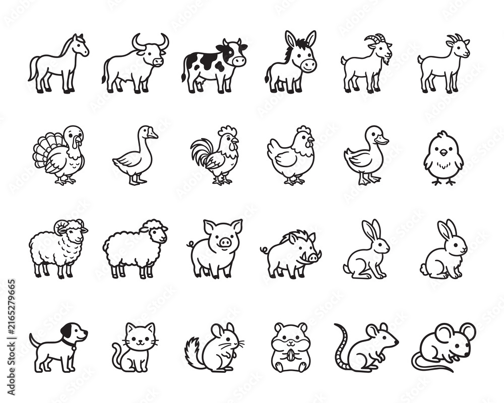 Obraz premium Set of cute farm animals and pets line icons vector illustration
