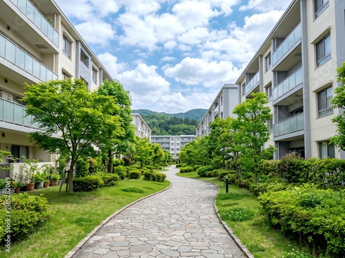 Plakat w ramie 緑豊かなマンションが並ぶ住宅街の小道と青空