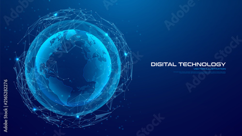 Global secure network connection concept. Vector illustration of digital Earth surrounded hexagonal and polygonal grids. Symbol of secure data exchange, cyber security communication.