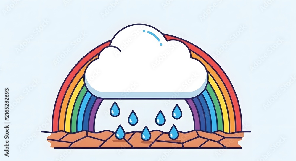 Fototapeta premium Cute Vector Illustration Of A Rainy Cloud Pouring Water Over Dry Ground With A Rainbow
