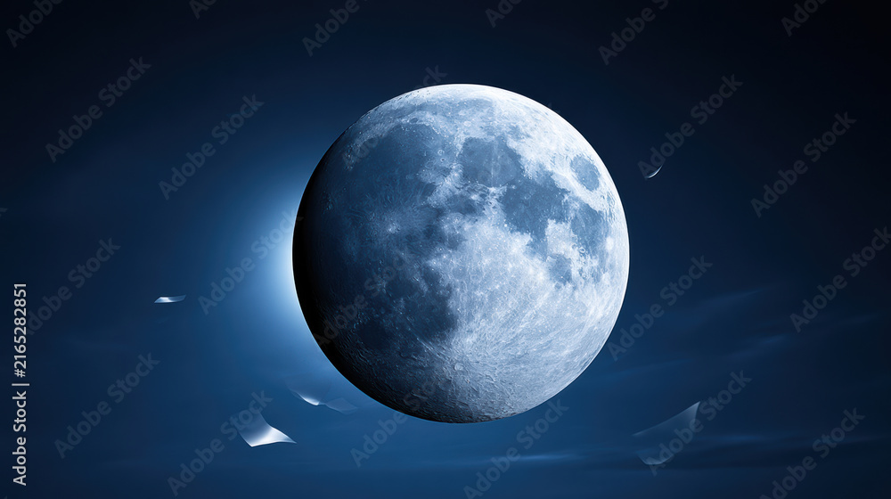 Fototapeta premium Blue moon glowing in night sky surrounded by floating paper surreal atmosphere high detail mid air cosmic mysterious tranquil