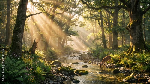 Sun shining through forest trees