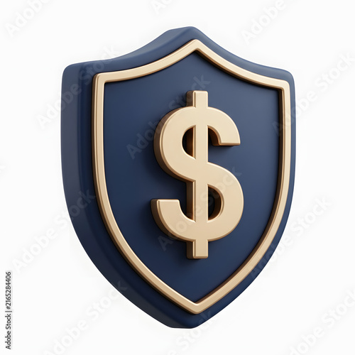 3D render of a blue shield icon with a gold dollar sign symbol representing financial security.
