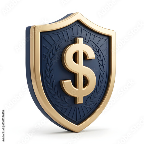 3D rendered golden dollar sign on a dark blue protective shield icon.