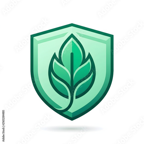 Minimalist green shield icon featuring a leaf symbol for eco friendly and sustainable branding.
