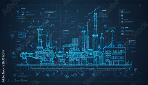 Industrial factory blueprint with digital HUD interface and technical engineering schematic