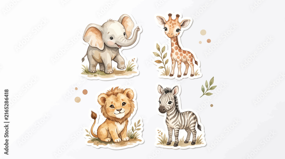 Fototapeta premium Watercolor safari baby animals sticker set, cute jungle animal illustrations, 4 nursery vector graphics of lion elephant giraffe zebra